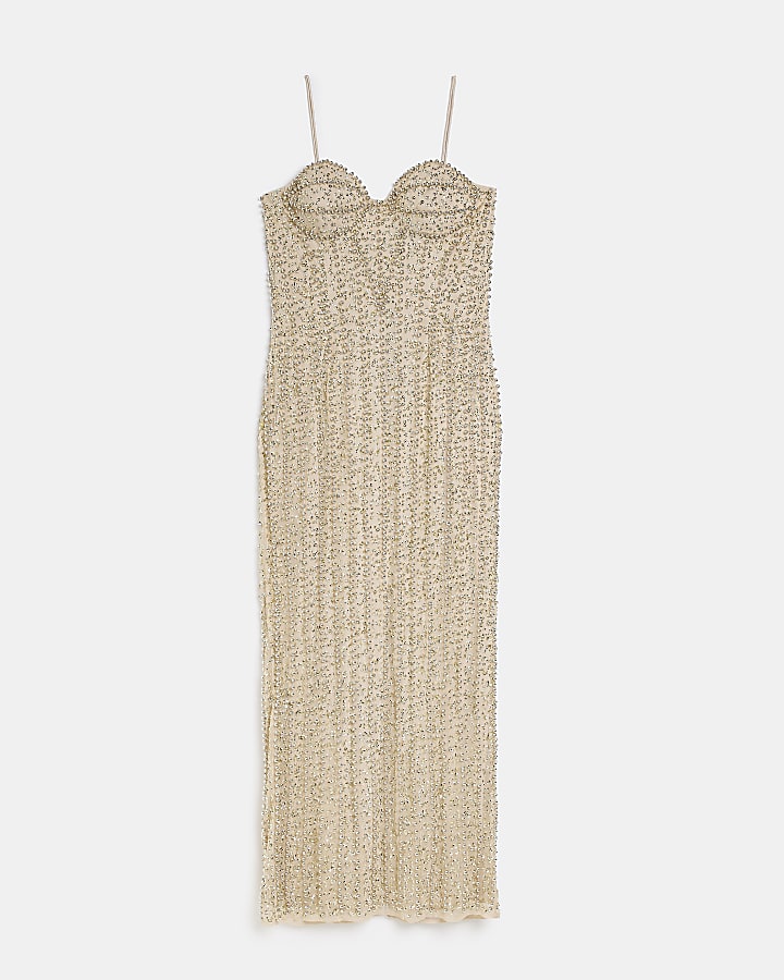 Gold embellished bodycon maxi dress