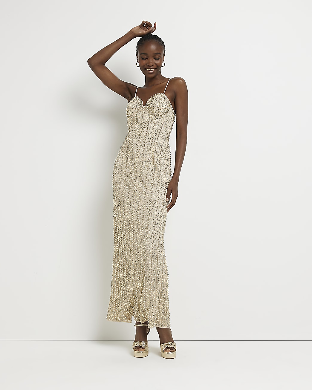River Island Womens Gold embellished bodycon maxi dress