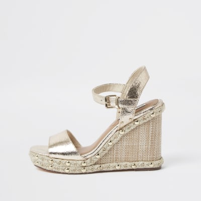 Gold Embellished Studded Wedges | River Island