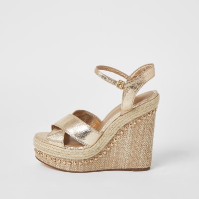 Gold embellished two part wedge sandals | River Island