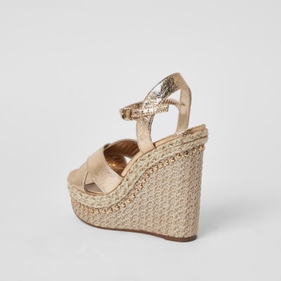 Gold embellished wide fit wedge sandals