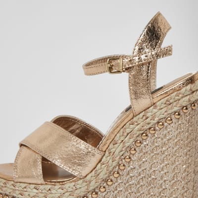 Gold embellished wide fit wedge sandals