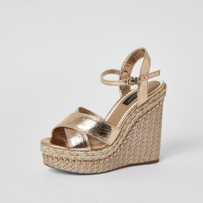 Gold embellished wide fit wedge sandals
