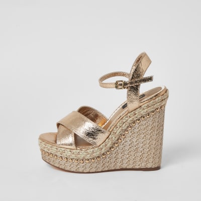 Gold embellished wide fit wedge sandals | River Island