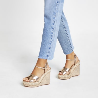 Gold embellished wide fit wedge sandals