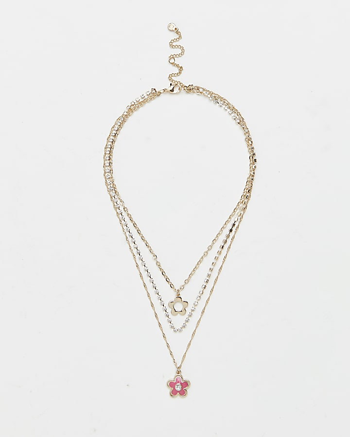 Gold enameled flower multirow necklace