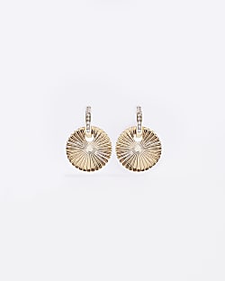 Gold engraved disc drop earrings