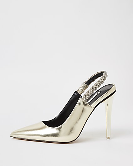 Gold faux leather sling back court shoes