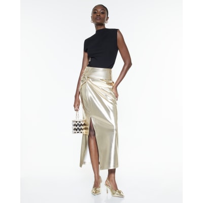 Gold Faux Leather Twist Side Midi Skirt