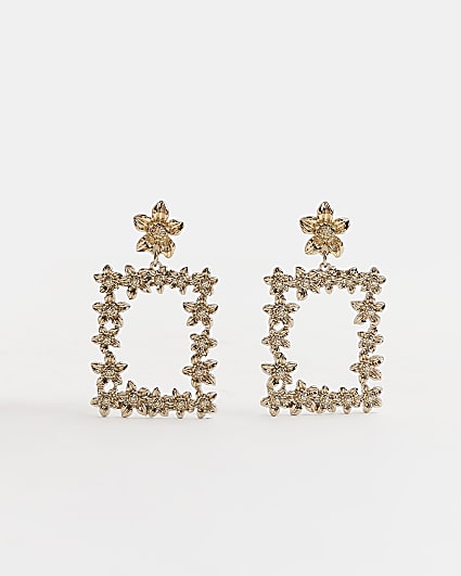 Gold floral square drop earrings