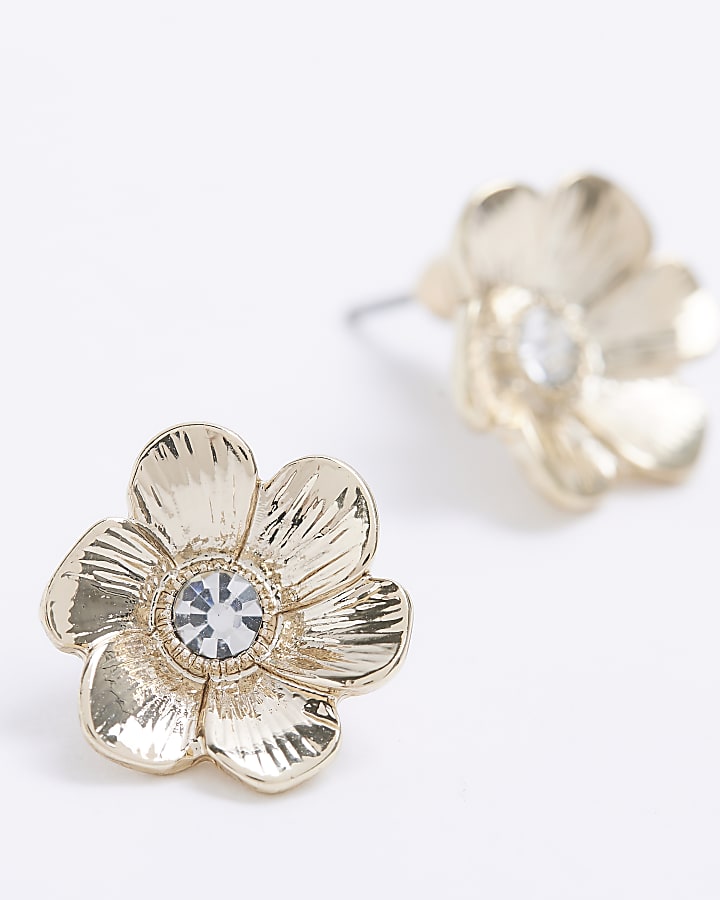 Gold flower diamante stud earrings