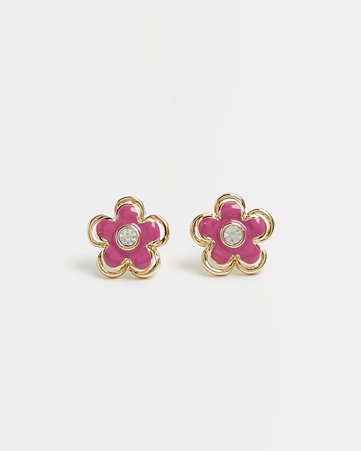 Gold flower enameled stud earrings
