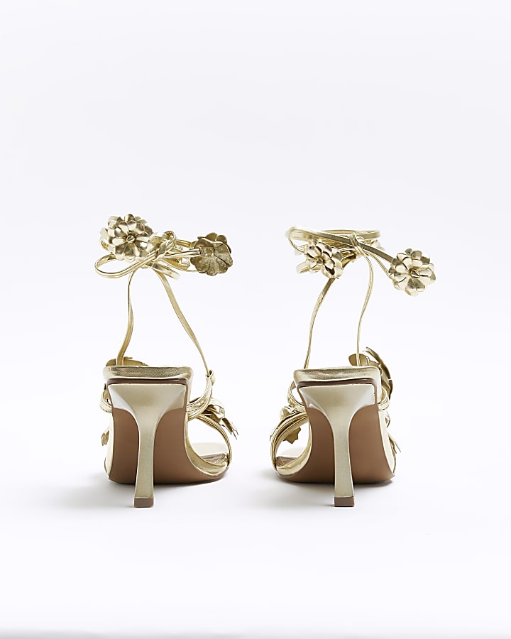Gold flower tie up heeled sandals