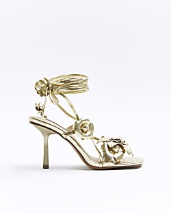 Gold flower tie up heeled sandals