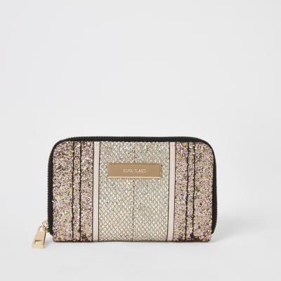 Gold glitter zip around purse River Island
