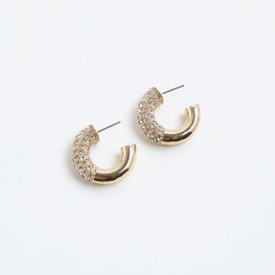 Gold Half Paved Hoop Earrings