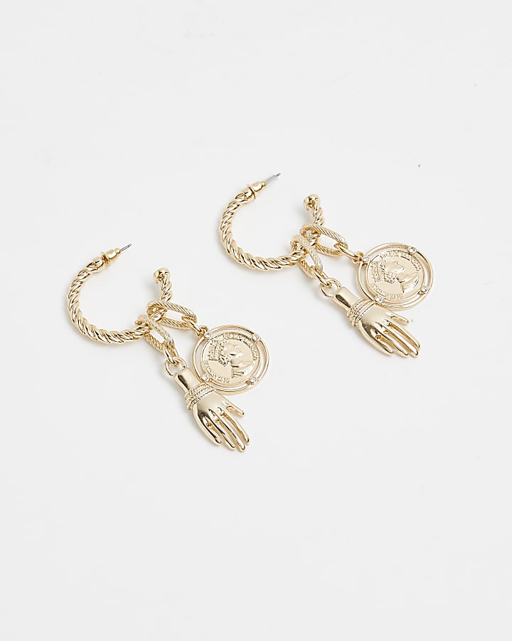 Gold hand pendant drop earrings