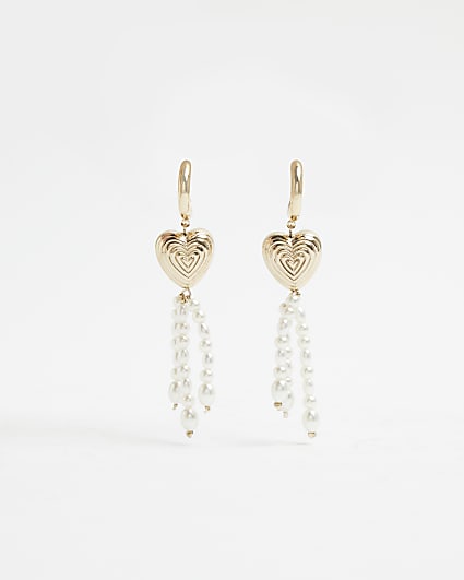 Gold heart and pearl drop earrings