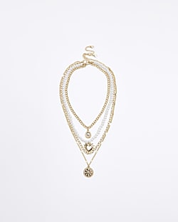 Gold Heart Coin Pearl layered necklace