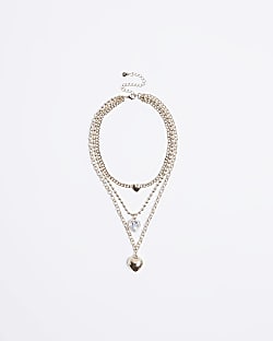 Gold heart pendant multirow necklace