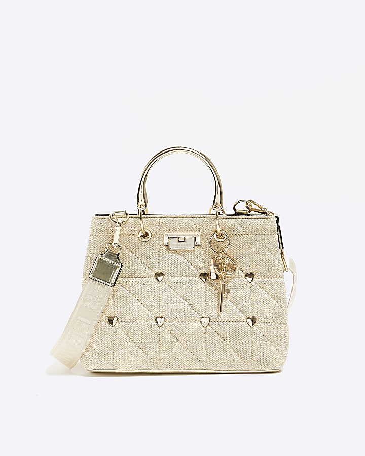 Gold heart quilted tote bag | River Island