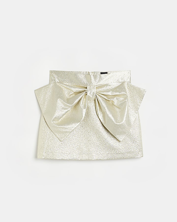Gold jacquard bow mini skirt