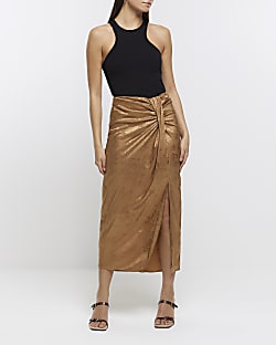 Gold jacquard print midi skirt