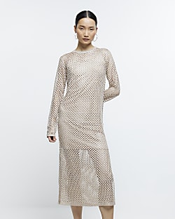 Gold knitted sequin jumper midi dress