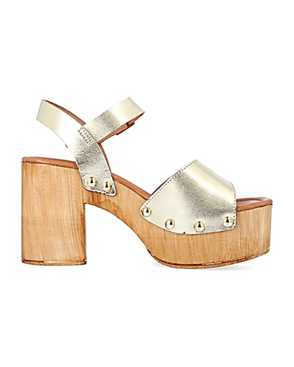 360 degree animation of product Gold leather heeled clogs frame-15