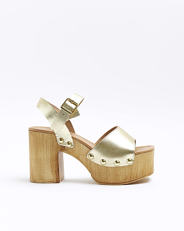 Gold leather heeled clogs