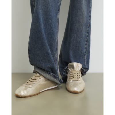 Gold Leather Lace Up Trainers