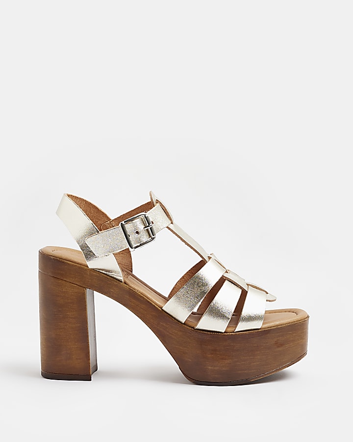 Gold leather platform heeled sandals