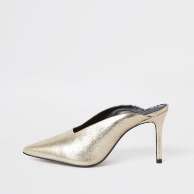 Gold leather pointed toe slim heel mules