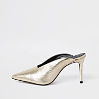 Gold leather pointed toe slim heel mules