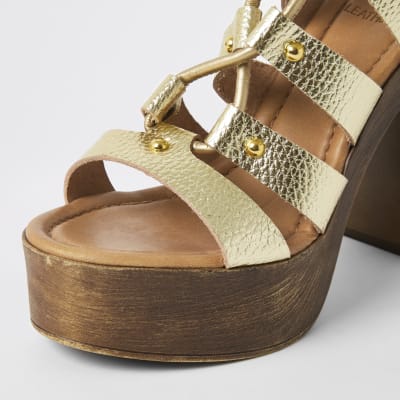 Gold leather tie up platform sandals