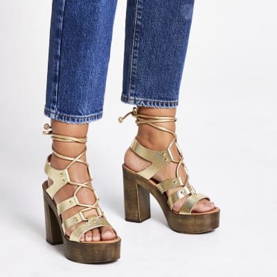 Gold leather tie up platform sandals