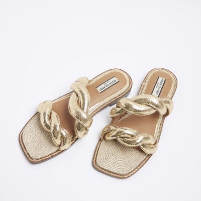 Gold Leather Twisted Strap Mule Sandals River Island