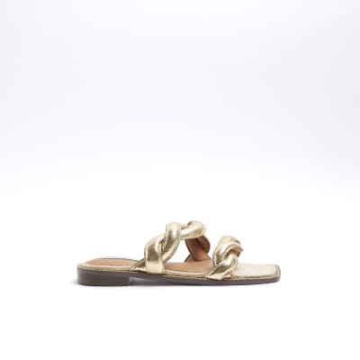 Gold Leather Twisted Strap Mule Sandals | River Island