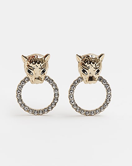 Gold leopard drop hoop earrings