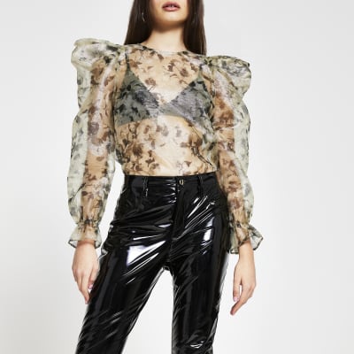 puff sleeve sheer top