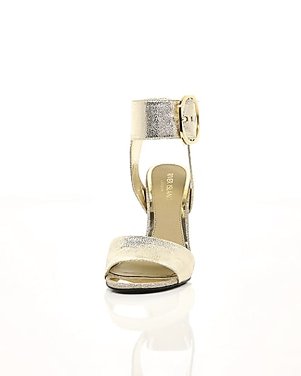 360 degree animation of product Gold metallic block heel sandals frame-3