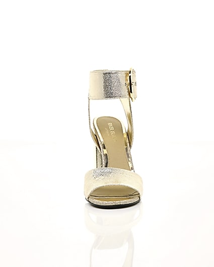 360 degree animation of product Gold metallic block heel sandals frame-4