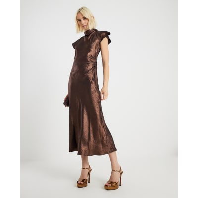 Gold Metallic Cowl Neck Maxi Dress