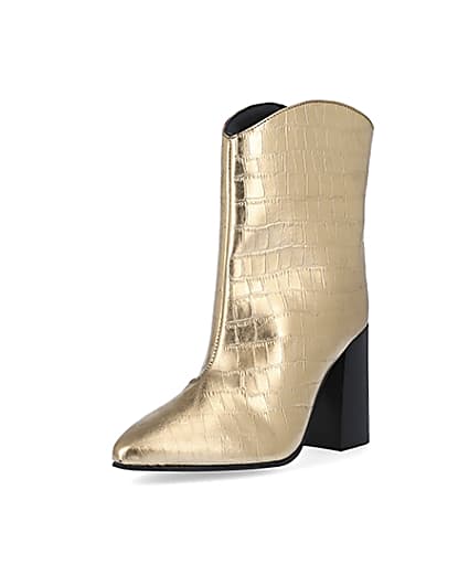 360 degree animation of product Gold metallic croc embossed ankle boots frame-0