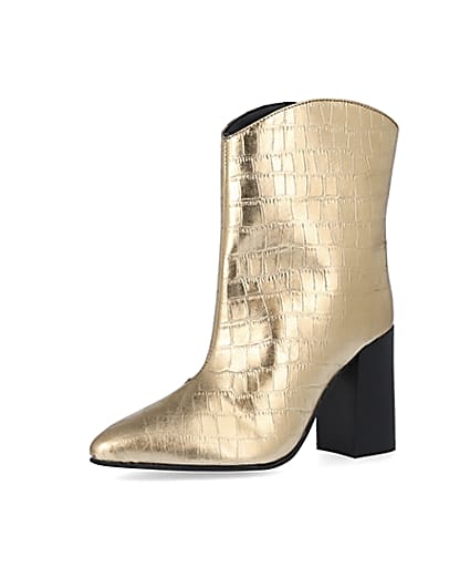 360 degree animation of product Gold metallic croc embossed ankle boots frame-1