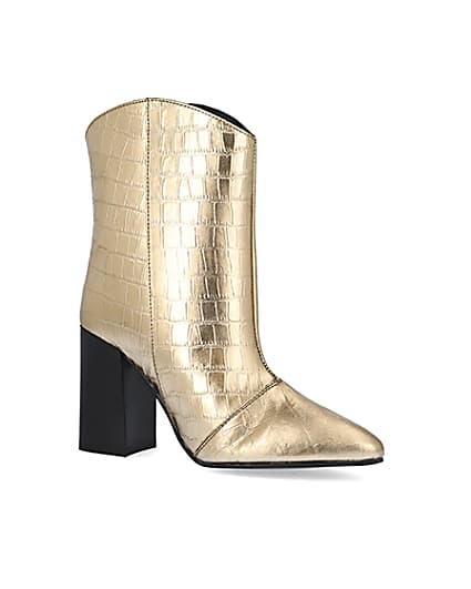 360 degree animation of product Gold metallic croc embossed ankle boots frame-17