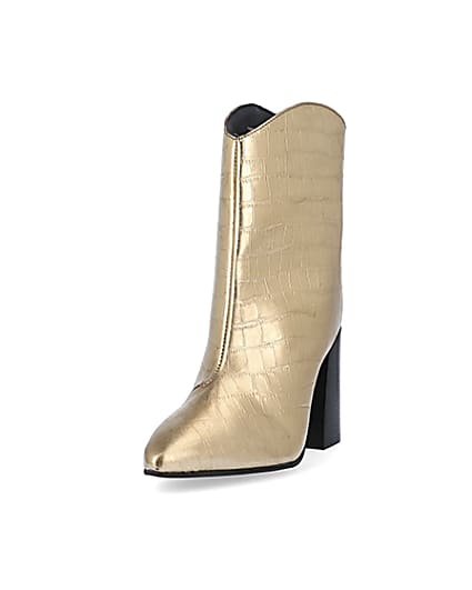 360 degree animation of product Gold metallic croc embossed ankle boots frame-23