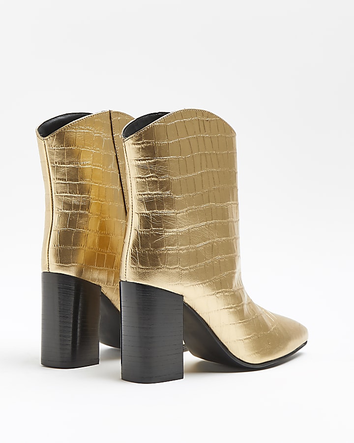 Gold metallic croc embossed ankle boots