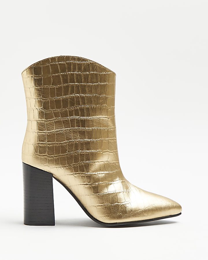 Gold metallic croc embossed ankle boots