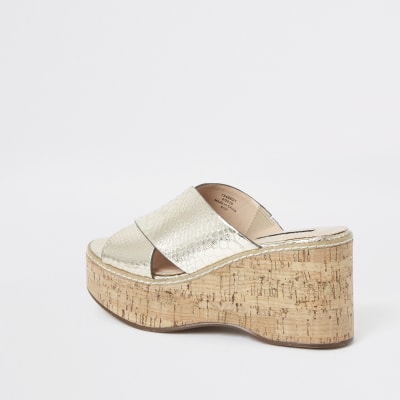 Gold metallic cross Strap wedges